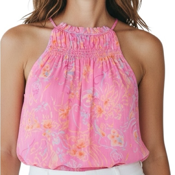 NWT RAMY BROOK Pink Floral Halter Neckline Keyhole Back Blouse Size Medium - Picture 3 of 7